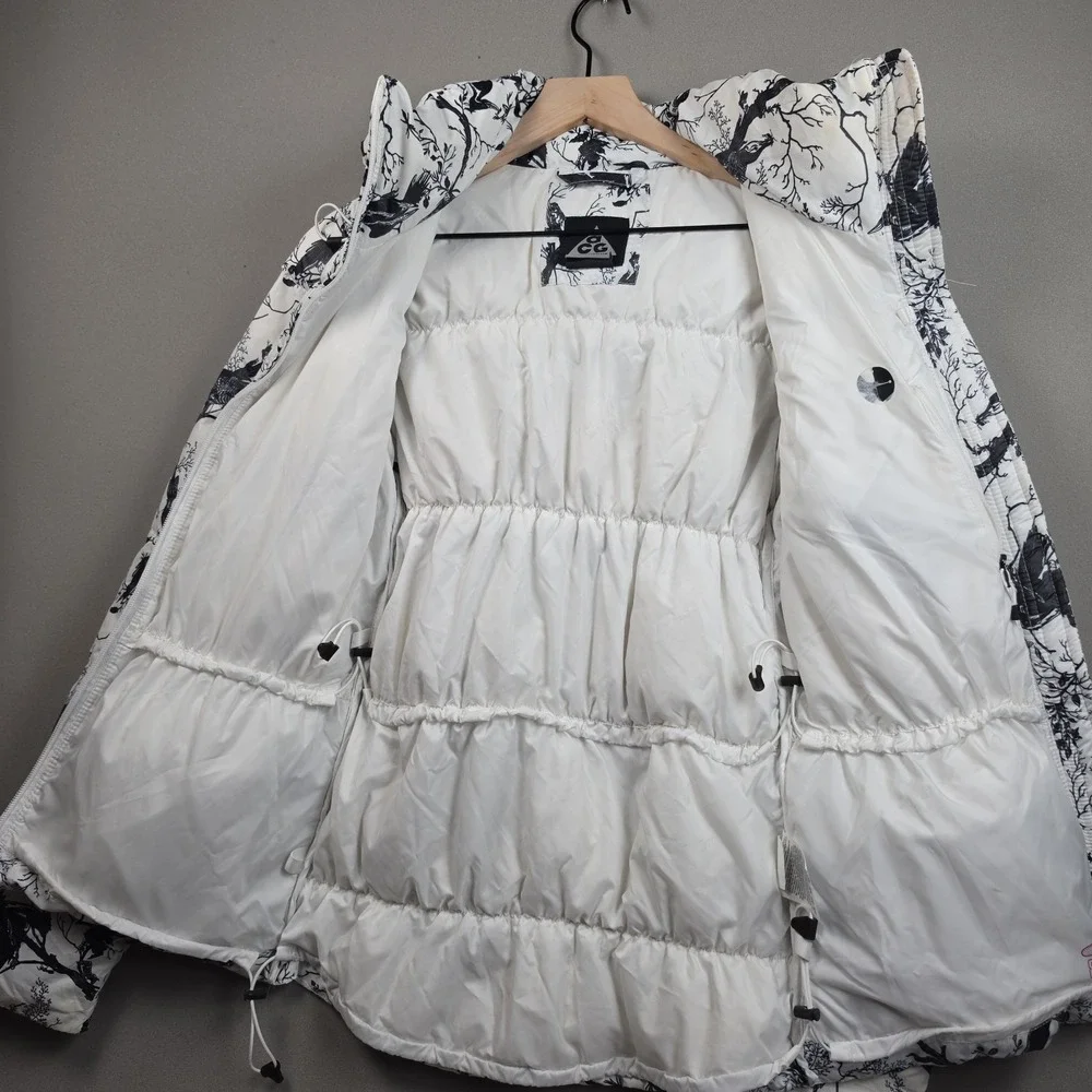 Nike ACG 800 Hooded Down Puffer Jacket Womens XS White Black Bird Toile Print